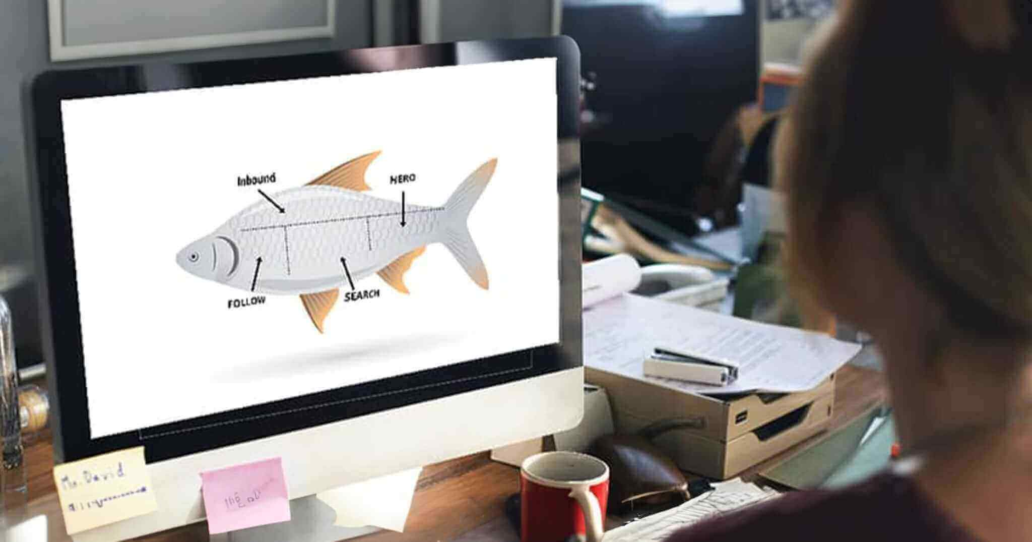 Marketing FISH Modell und Content RADAR Grafik Strategie-Tools 13 Anwendung vom Marketing FISH Modell am Desktop, inklusive Strategie-Tools für Content und Content RADAR Grafik.